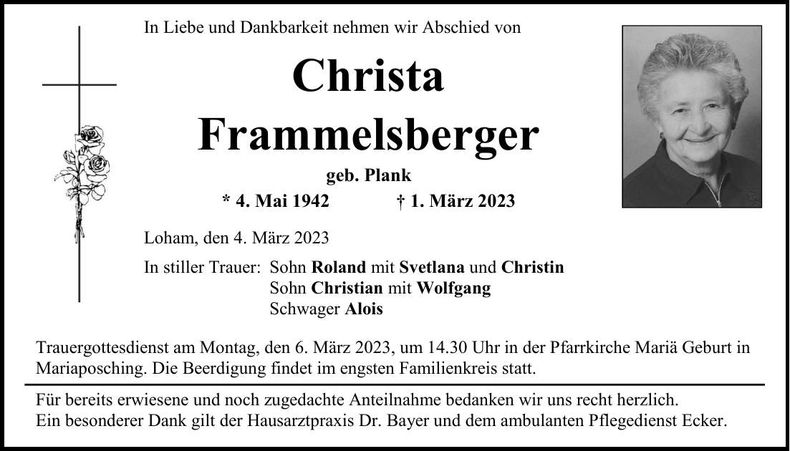 Traueranzeige Christa Frammelsberger