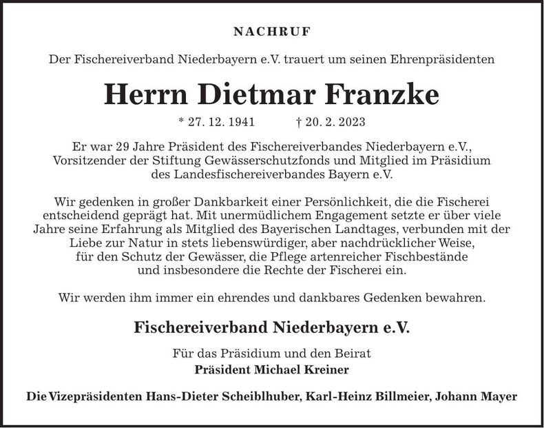 Traueranzeige Dietmar Franzke