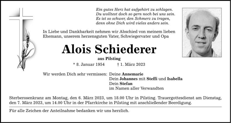 Traueranzeige Alois Schiederer