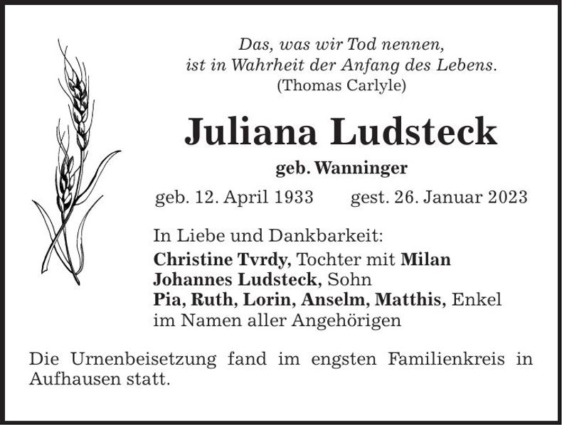 Traueranzeige Juliana Ludsteck