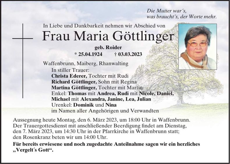 Traueranzeige Maria Göttlinger