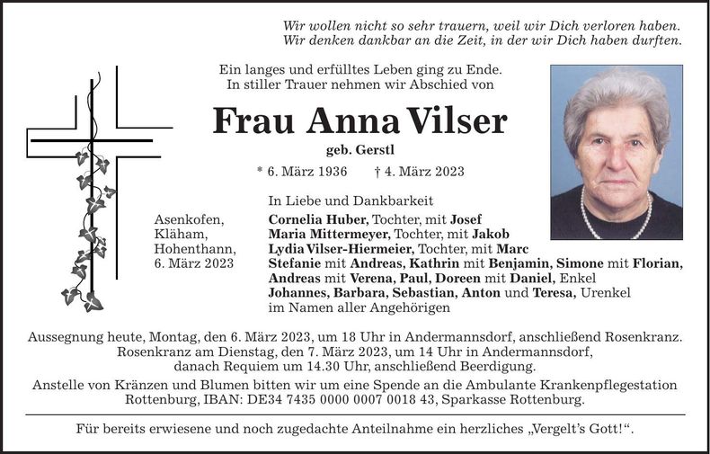 Traueranzeige Anna Vilser