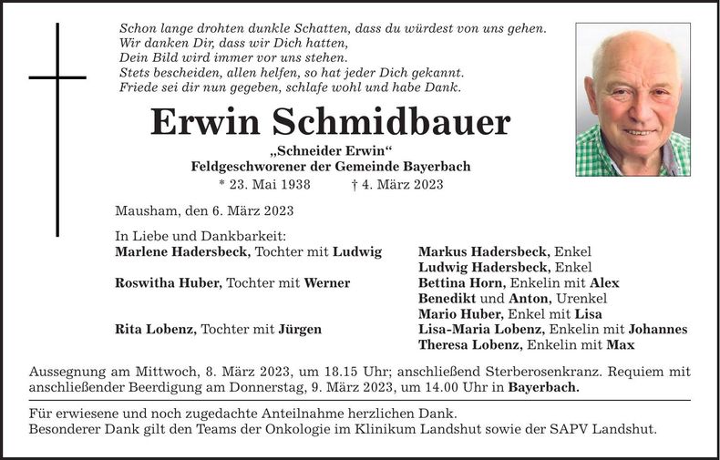Traueranzeige Erwin Schmidbauer