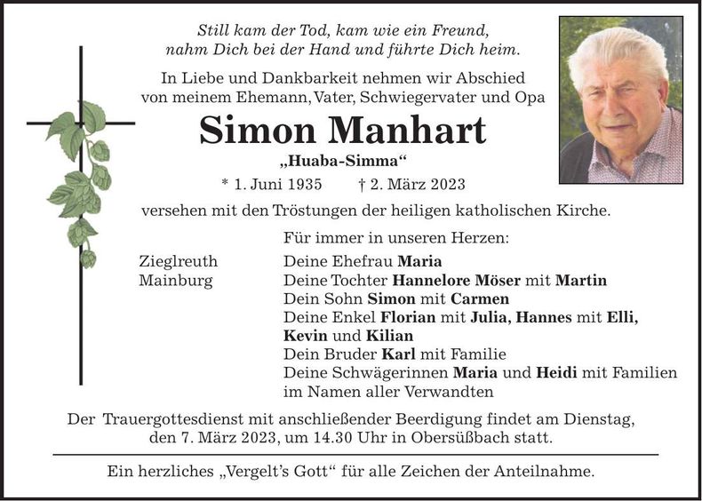 Traueranzeige Simon Manhart