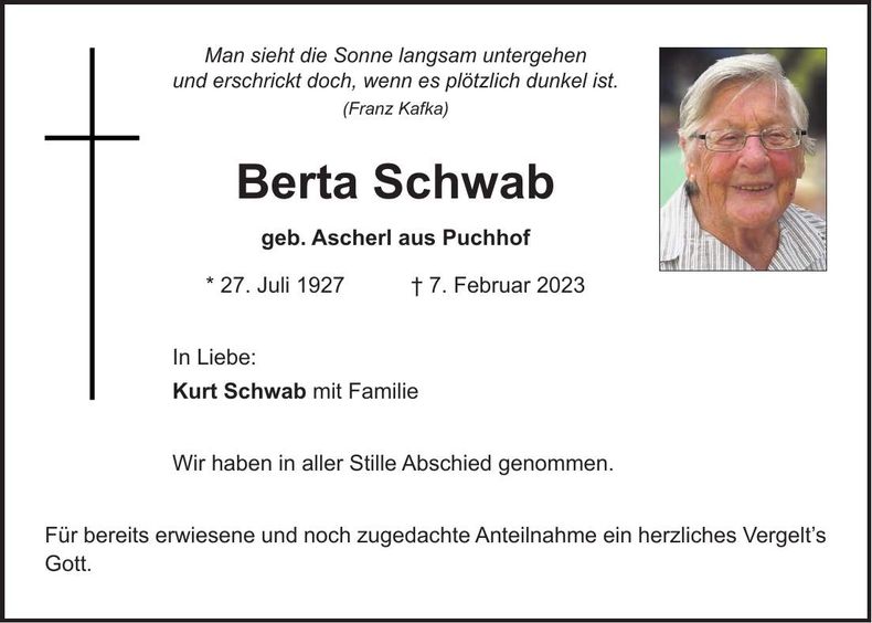 Traueranzeige Berta Schwab