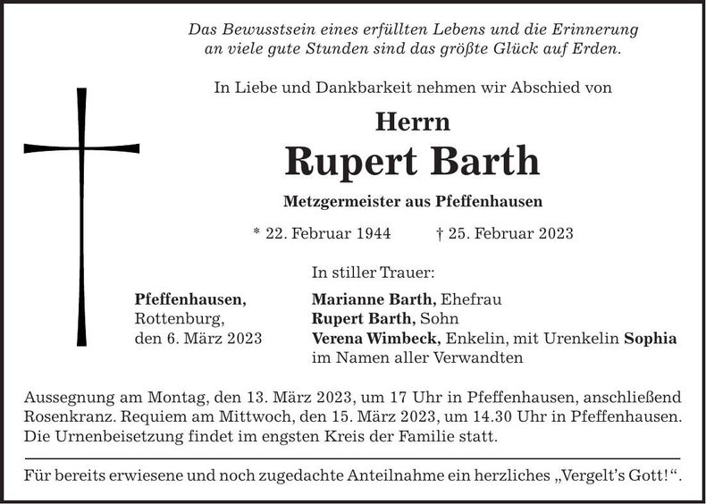 Traueranzeige Rupert Barth