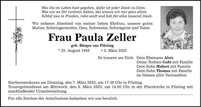 Traueranzeige Paula Zeller
