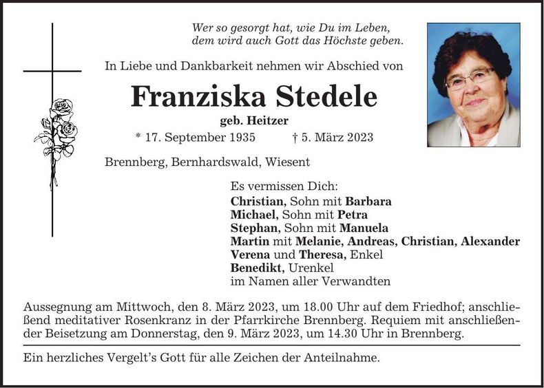 Traueranzeige Franziska Stedele