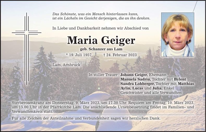 Traueranzeige Maria Geiger