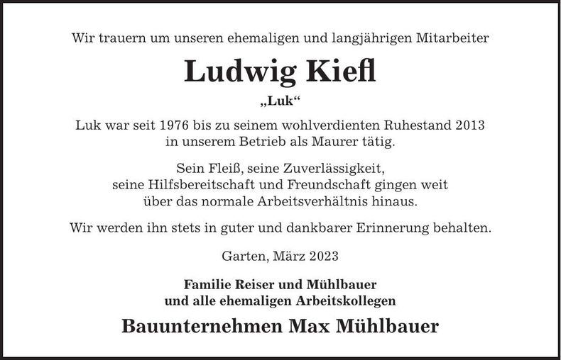 Traueranzeige Ludwig Kiefl