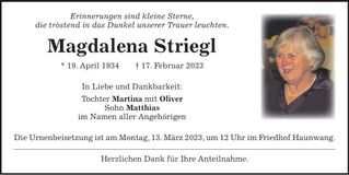 Traueranzeige Magdalena Striegl
