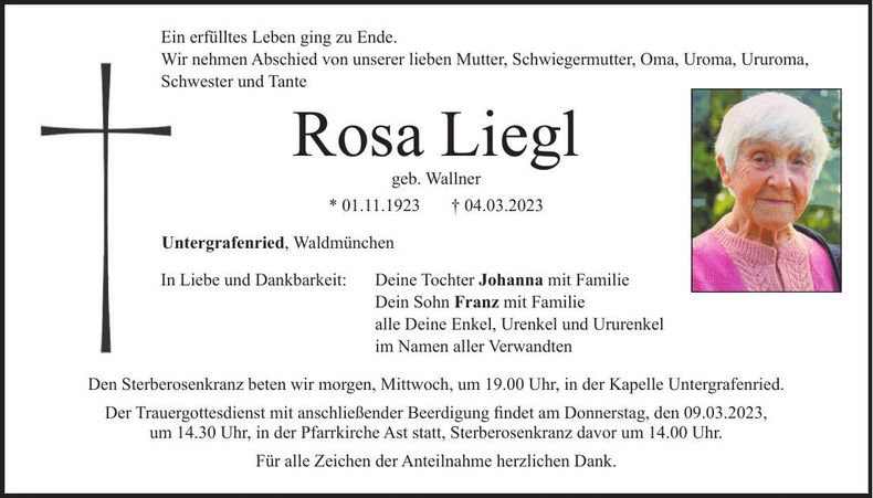Traueranzeige Rosa Liegl