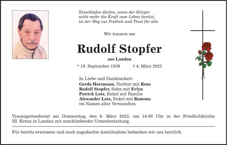 Traueranzeige Rudolf Stopfer