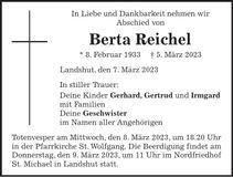 Traueranzeige Berta Reichel