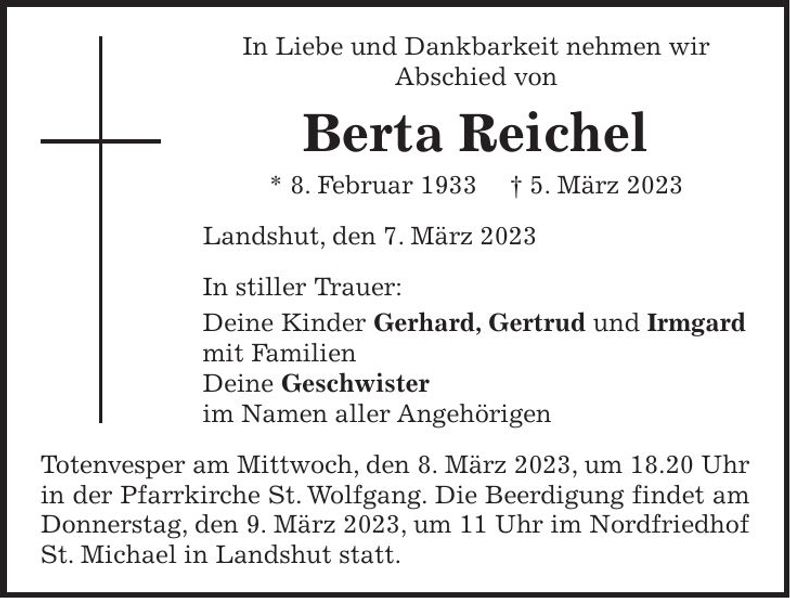 Traueranzeige Berta Reichel
