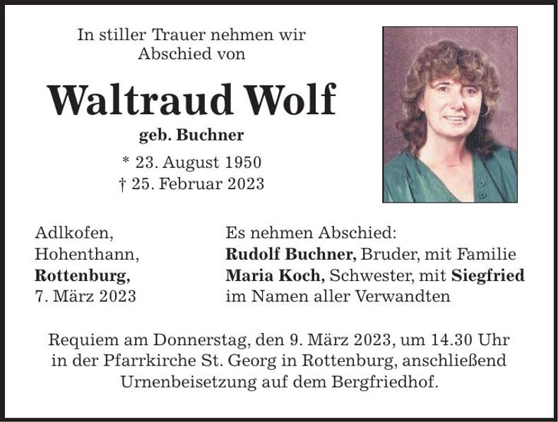 Traueranzeige Waltraud Wolf