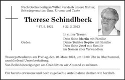 Traueranzeige Therese Schindlbeck