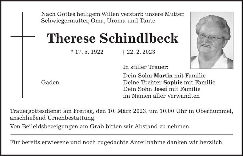 Traueranzeige Therese Schindlbeck