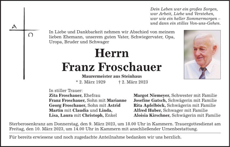 Traueranzeige Franz Froschauer