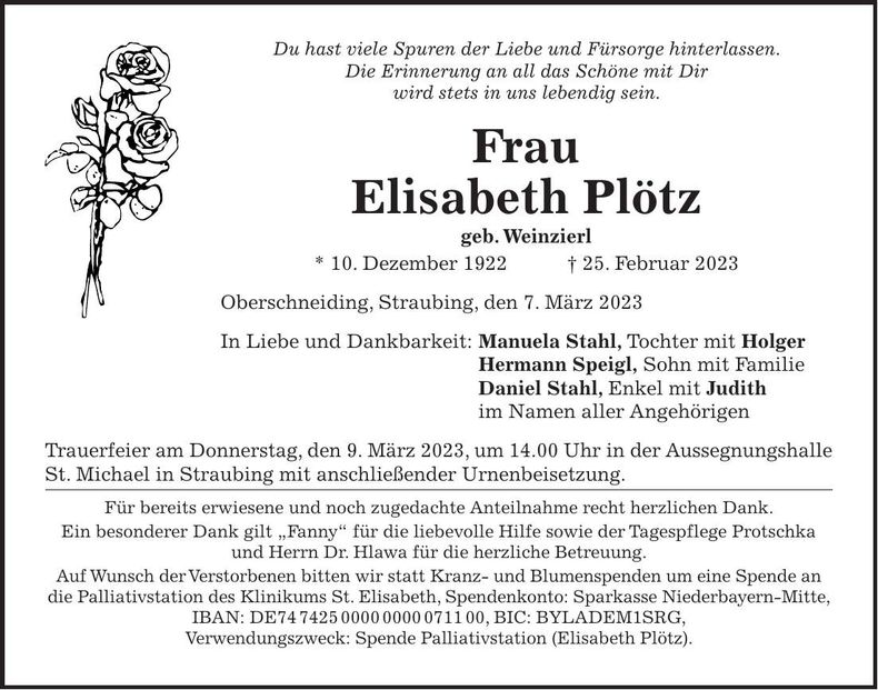 Traueranzeige Elisabeth Plötz