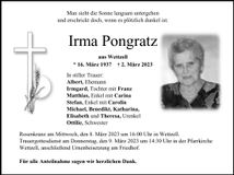 Traueranzeige Irma Pongratz
