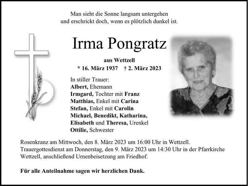 Traueranzeige Irma Pongratz