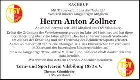 Traueranzeige Anton Zollner
