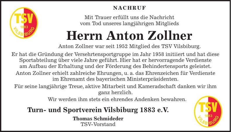 Traueranzeige Anton Zollner