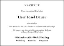 Traueranzeige Josef Bauer