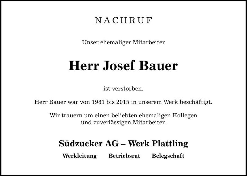 Traueranzeige Josef Bauer
