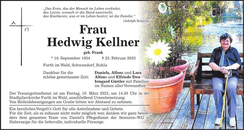 Traueranzeige Hedwig Kellner