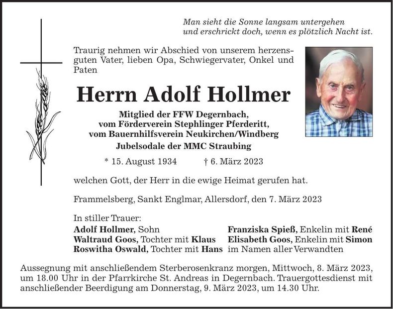 Traueranzeige Adolf Hollmer