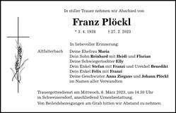 Traueranzeige Franz Plöckl