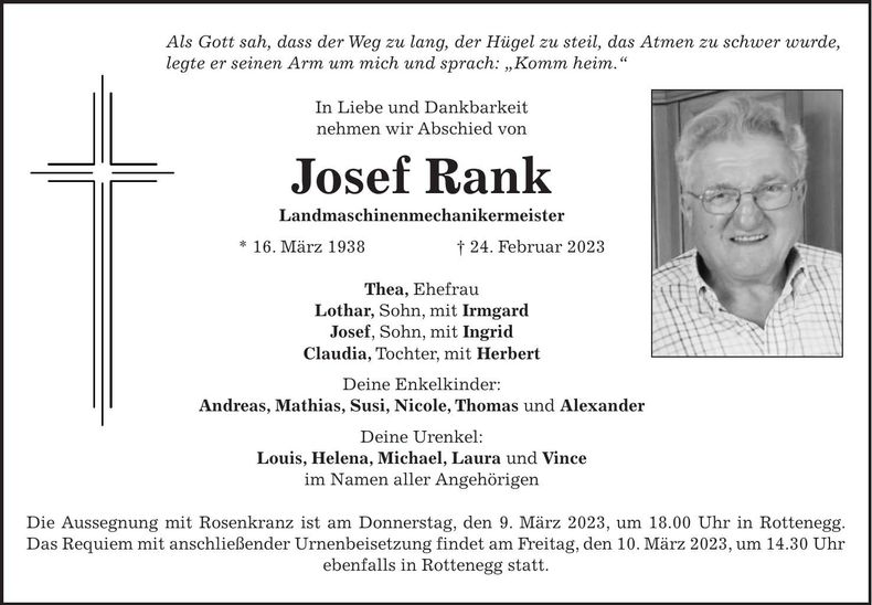 Traueranzeige Josef Rank