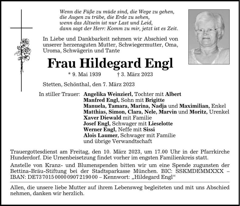 Traueranzeige Hildegard Engl