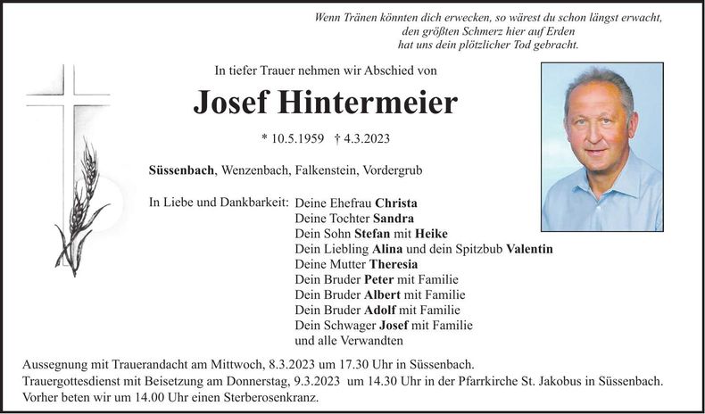 Traueranzeige Josef Hintermeier