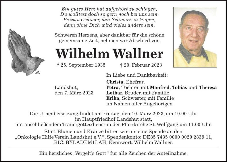 Traueranzeige Wilhelm Wallner