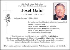 Traueranzeige Josef Gahr