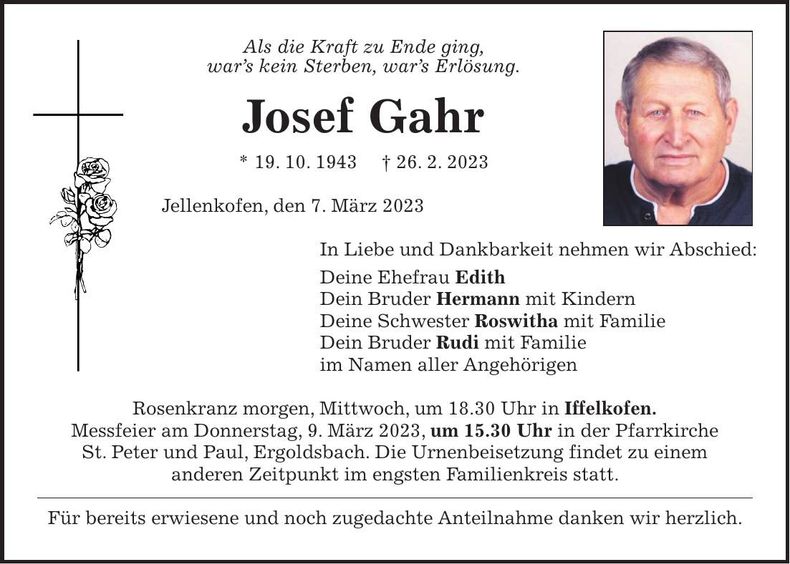 Traueranzeige Josef Gahr