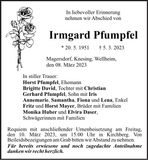 Traueranzeige Irmgard Pfumpfel