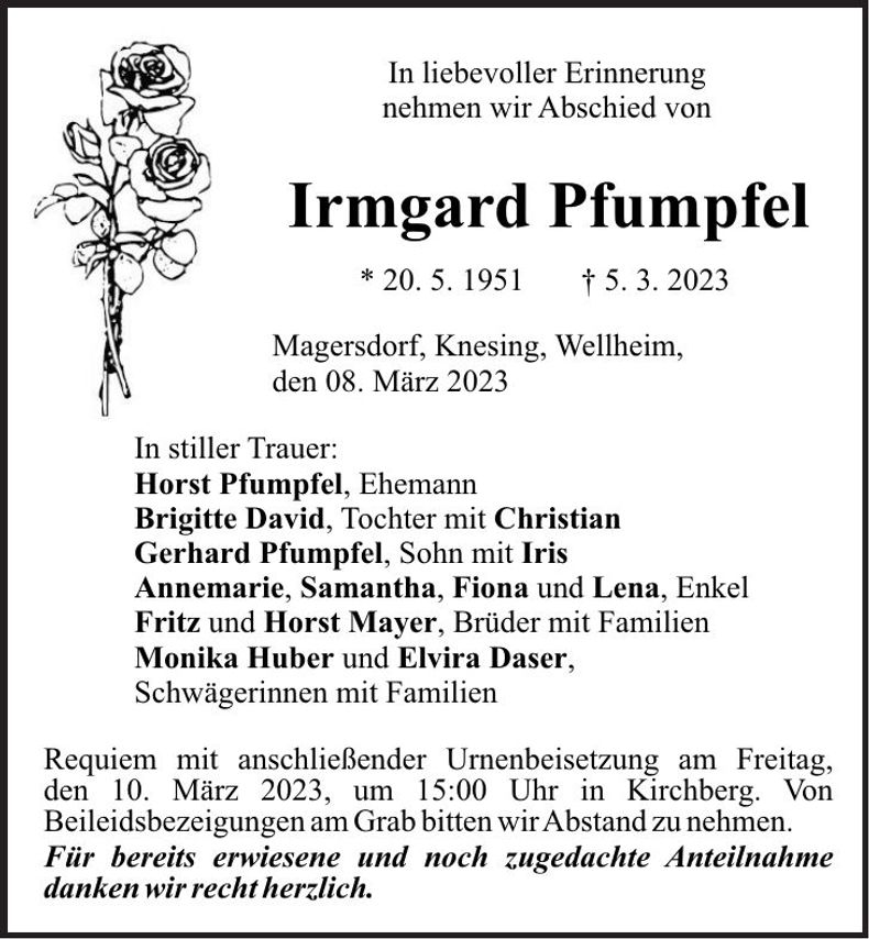 Traueranzeige Irmgard Pfumpfel