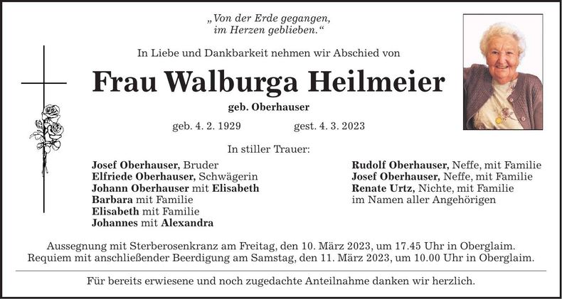 Traueranzeige Walburga Heilmeier