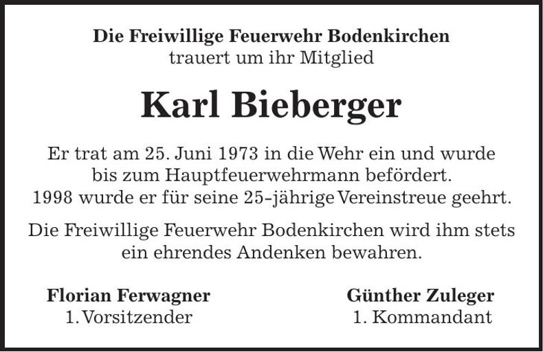 Traueranzeige Karl Bieberger