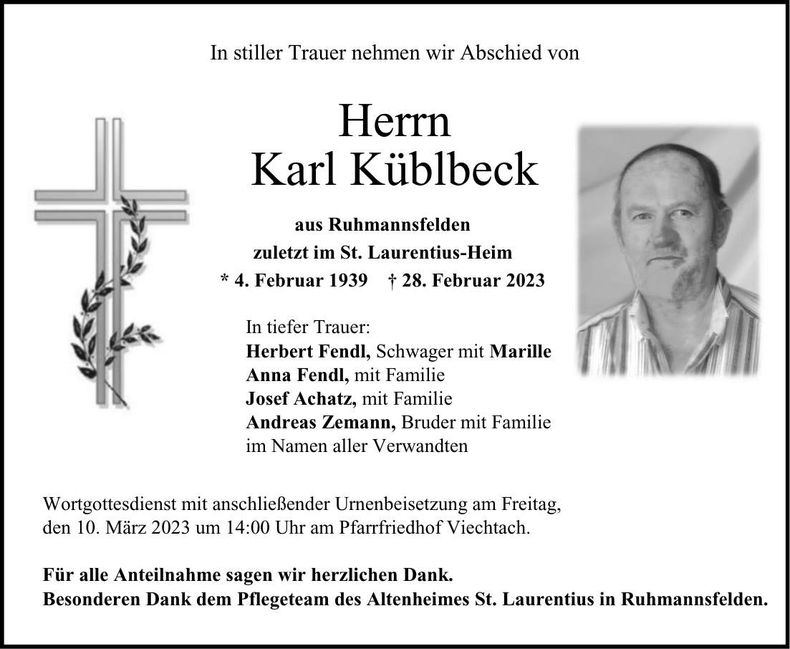 Traueranzeige Karl Küblbeck
