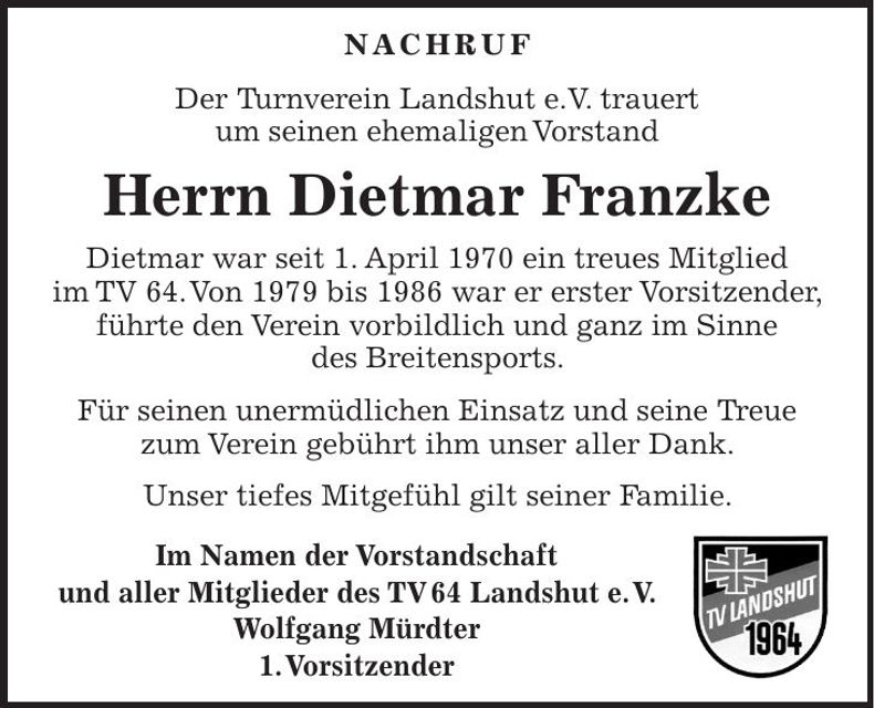 Traueranzeige Dietmar Franzke
