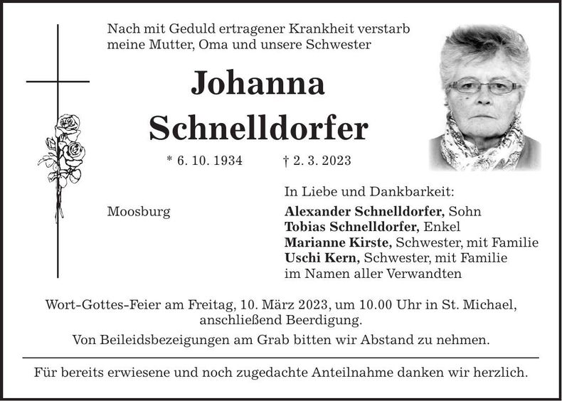 Traueranzeige Johanna Schnelldorfer
