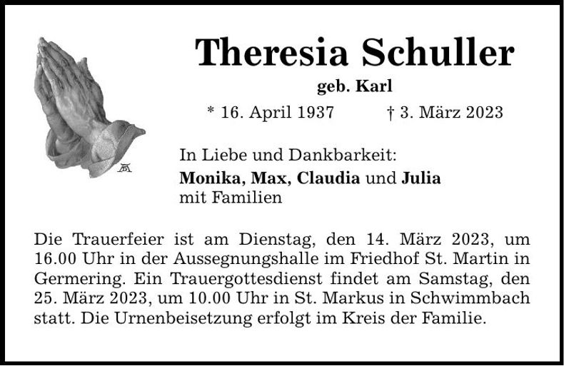 Traueranzeige Theresia Schuller