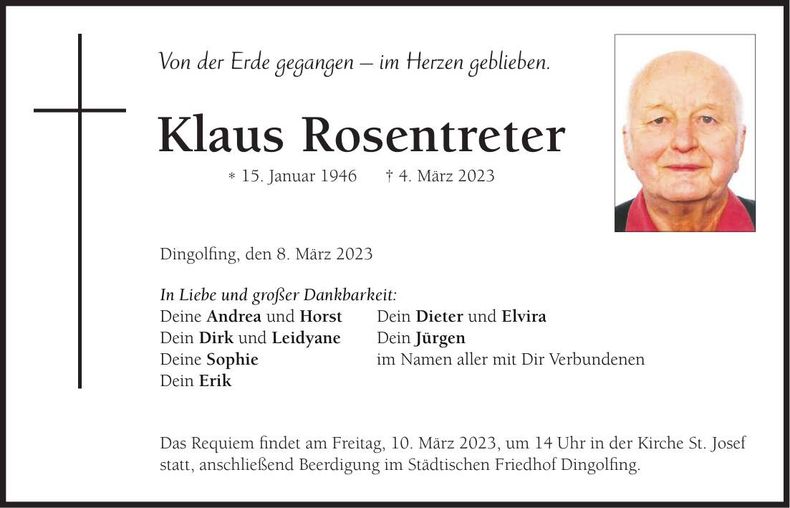 Traueranzeige Klaus Rosentreter