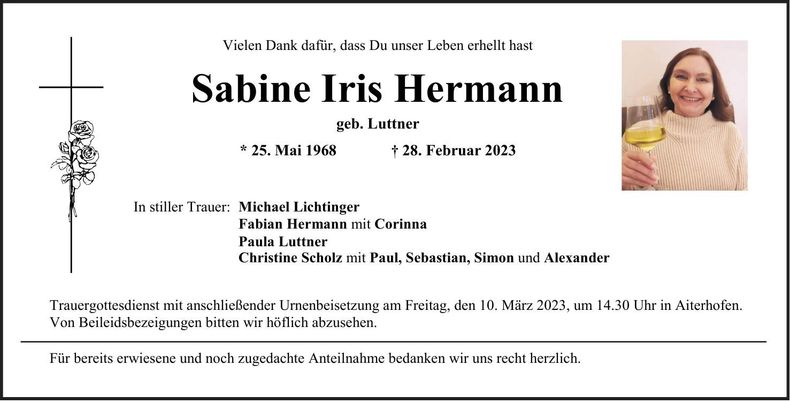 Traueranzeige Sabine Iris Hermann