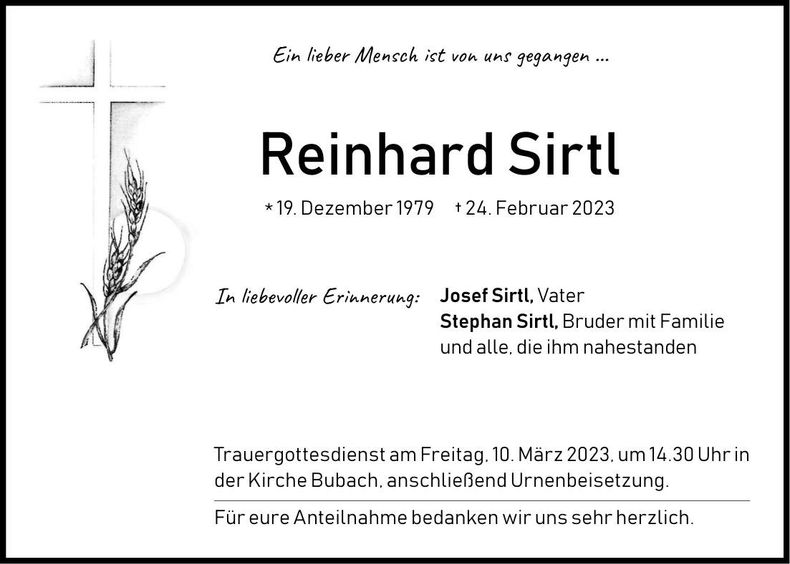 Traueranzeige Reinhard Sirtl
